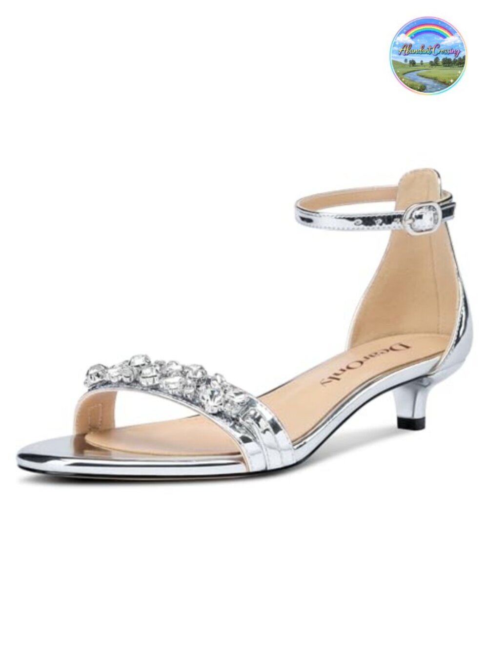 Low Kitten Heel Sandals Rhinestone Crystal Buckle Ankle Strap Open Toe Office